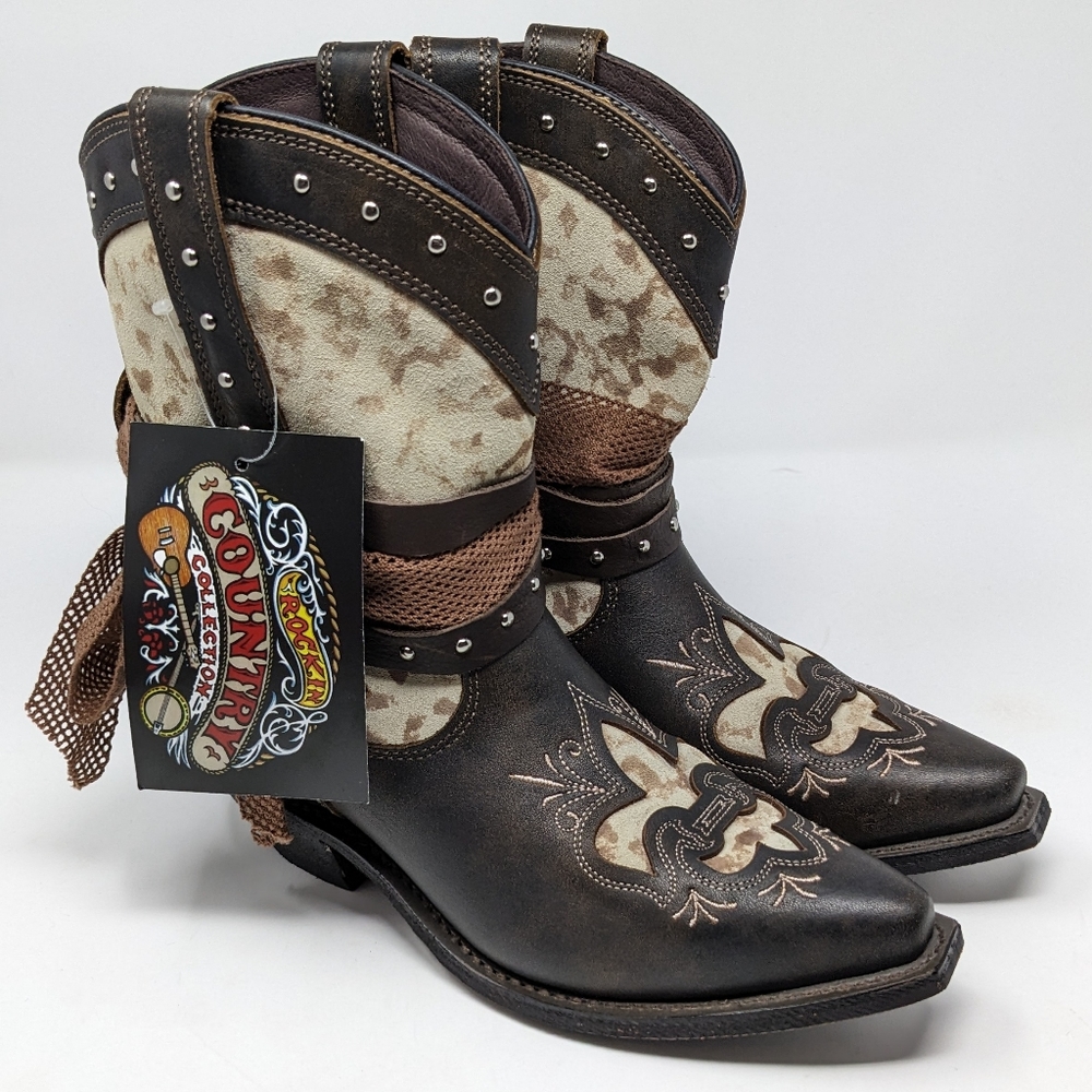 New Rockin Country Collection Brown Leather Cowgirl Boots Women's Size 8 Wide